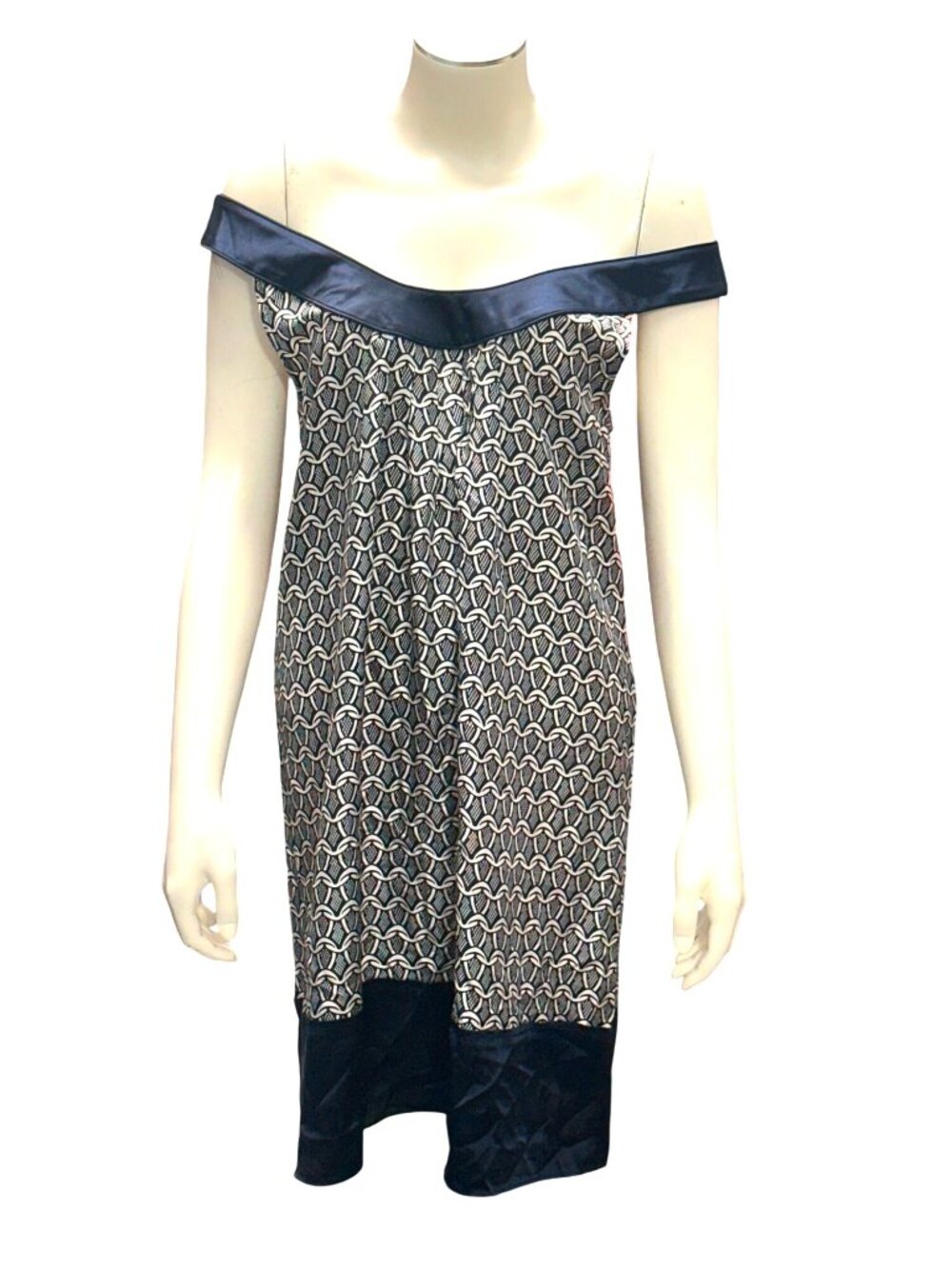 7 For All Mankind M Navy Ivory Silk Shift Dress Geometric Mod Glamcore City Chic - Picture 2 of 10